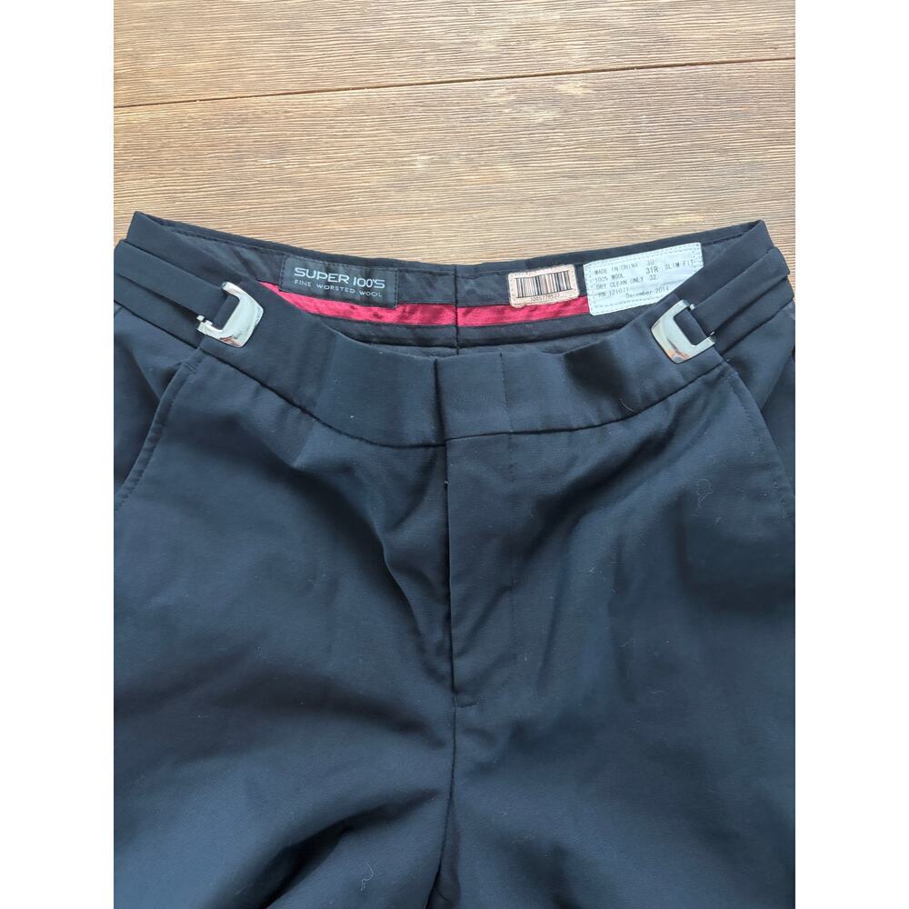 Men’s Super 100’s Slim Fit Wool Dress Pants Black Buckle Detail Size 30x32